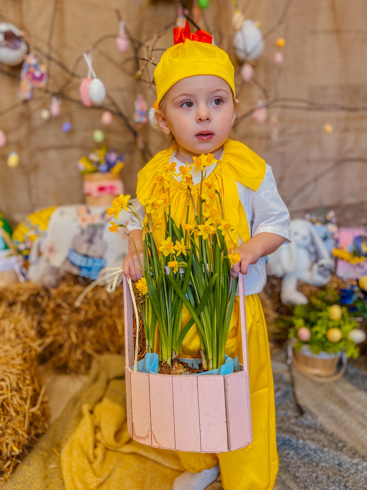 Хлопчик у костюмі курчати тримає кошик із нарцисами на великодній фотозоні